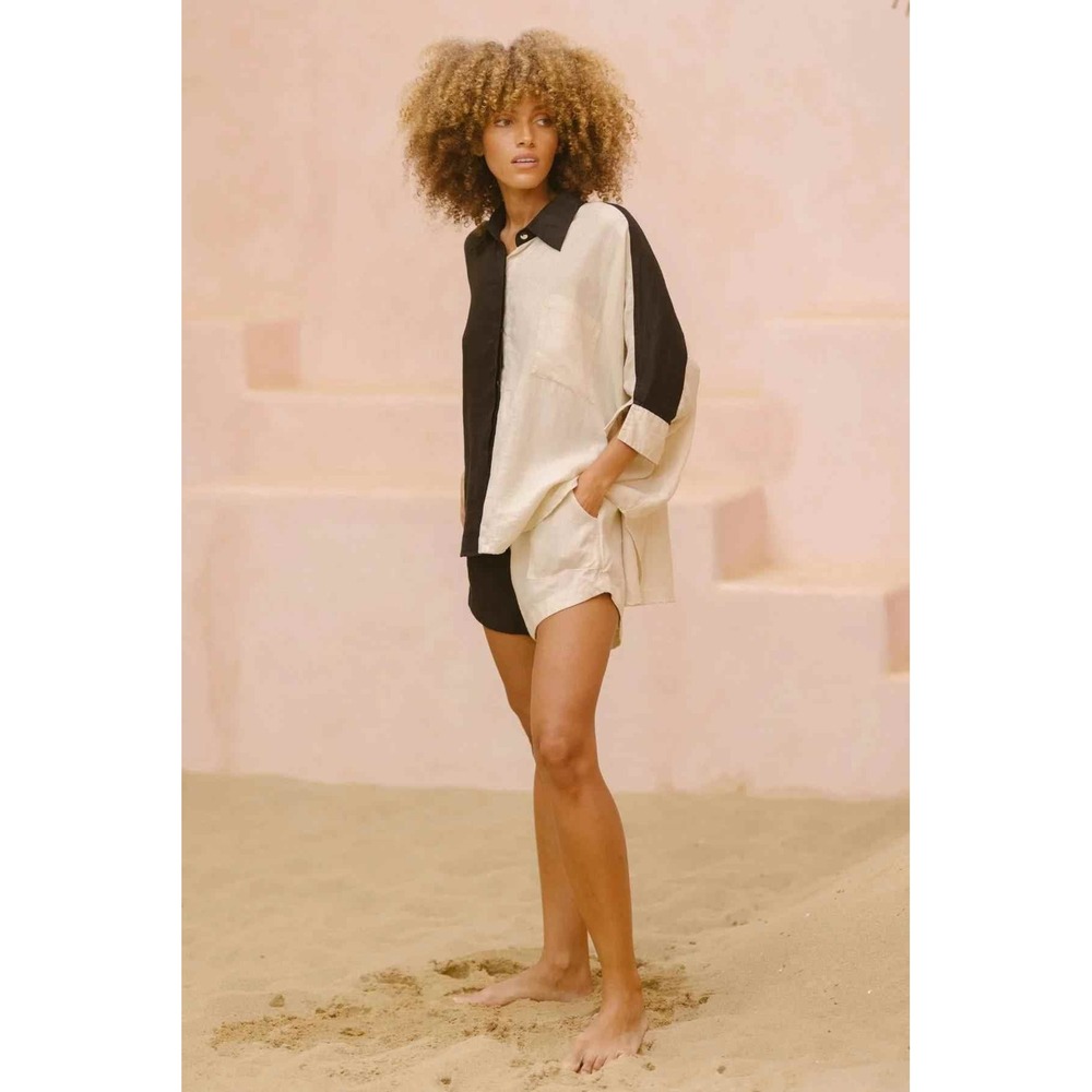 Myrah Penaloza Linen Ying Yang Top M/L Black Cream Boho Minimal Beach Luxury NWT